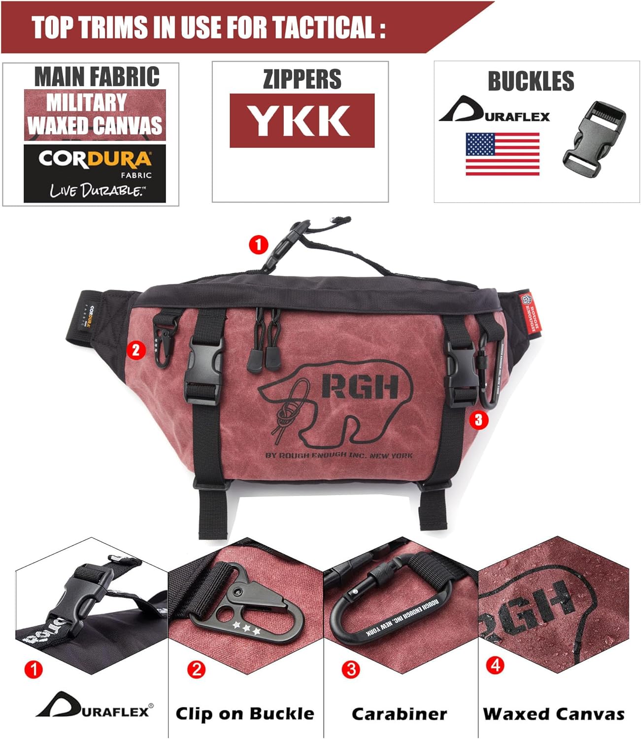 Rough Enough Tactical Fanny Pack for Men, Waxed Canvas, YKK Zipper, UTX Buckles, 4L Capacity, Carabiner and Adjustable Strap, for Outdoor Adventure, Hiking, Fishing, Travel and EDC, Red
