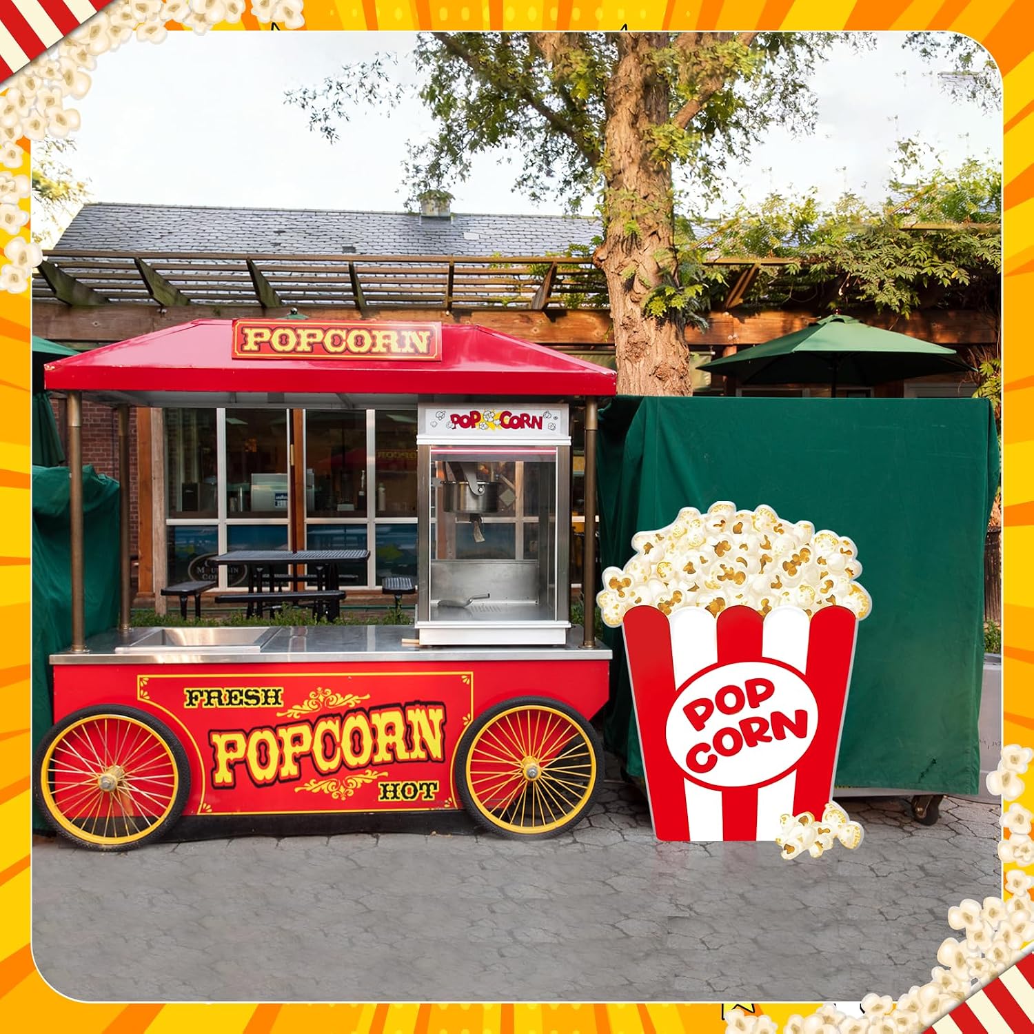 4 Ft Carnival Circus Decoration Popcorn Box Cardboard Cutout Stand up Large Red and White Popcorn Box Photo Prop Party Back Drop for Carnival Circus Theme Party Festival Yard Decoration