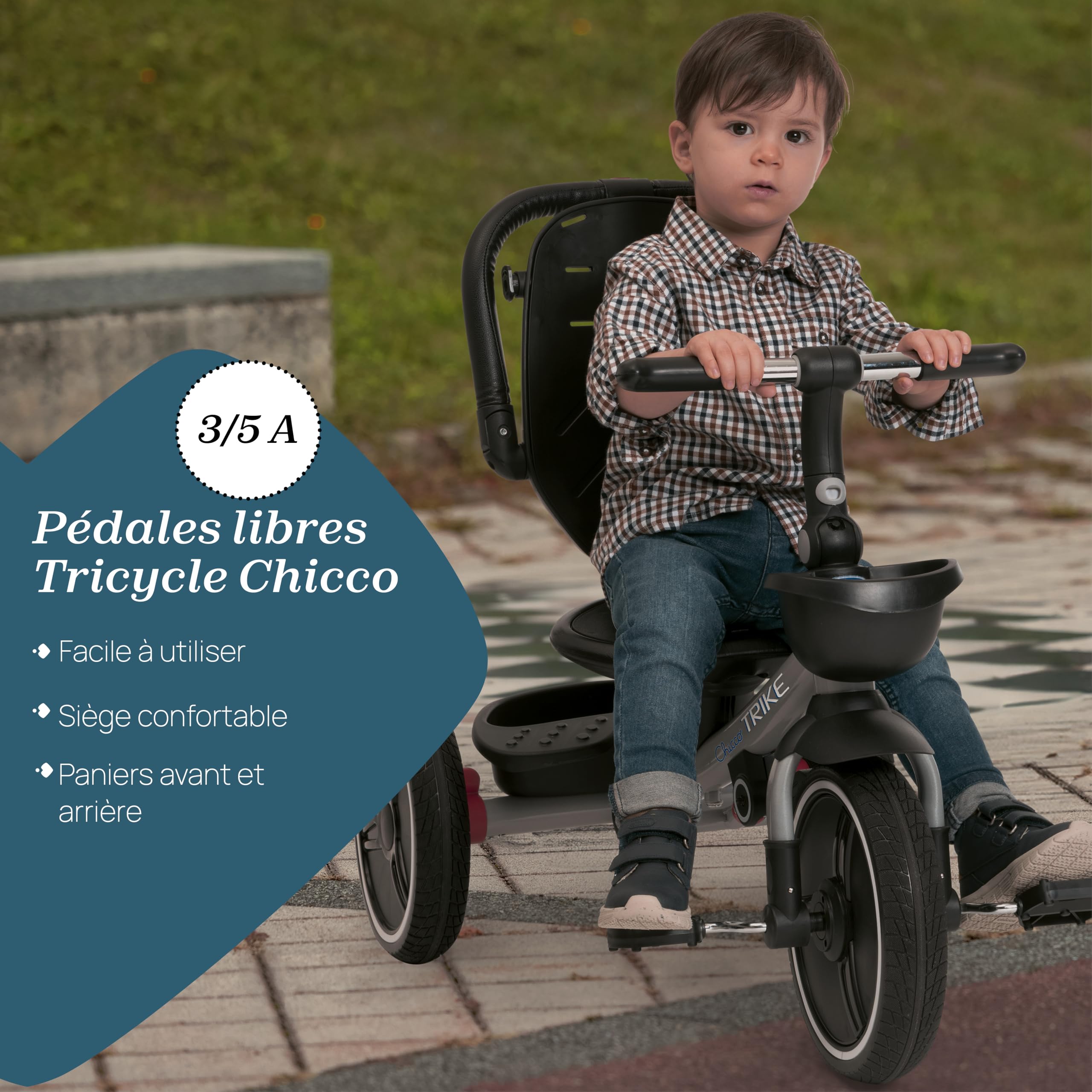 Chicco Tricycle Evolutif pour enfants 4en1, Cadre en métal, Roues en caoutchouc EVA, Harnais 4 points, Poignée télescopique et capote amovible, Poussette avec siège réversible, Paniers, 6 mois-5 ans