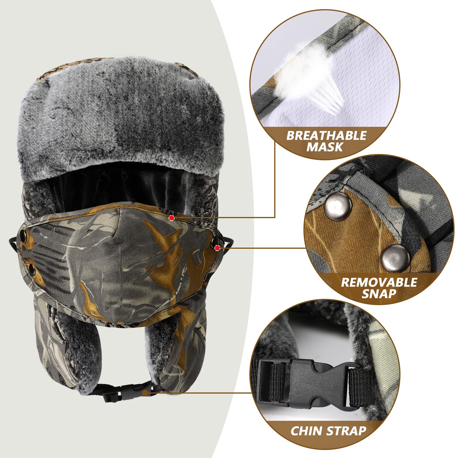 TAGVO Hiver Chapka Camouflage Chapeau de Trappeur Bombardier, Chapeau de Cavalier Oreille Chaude avec Masque Coupe-vent, Chapeau de Chasser Unisexe Ushanka pour Ski en Plein Air