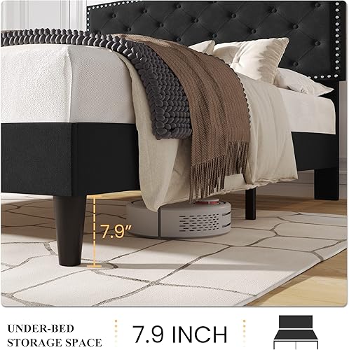 Miniatura 28 de SHA CERLIN Base de cama de terciopelo tamaño Queen con cabecera ajustable, botón de diamante y decoración de remaches, no necesita somier, color