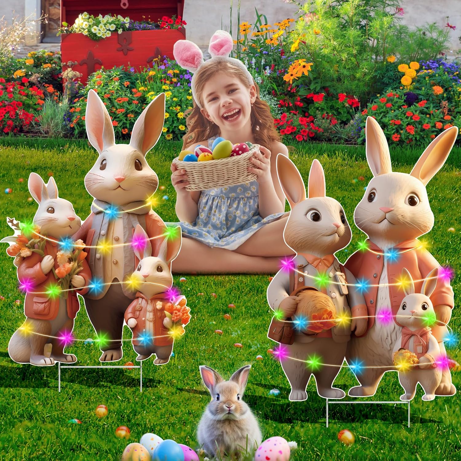 sewrung 2PCS Large Easter Bunny Outdoor Easter Yard Signs - Waterproof Plastic Garden Floor Mount Yard Signs for Pathway Walkway