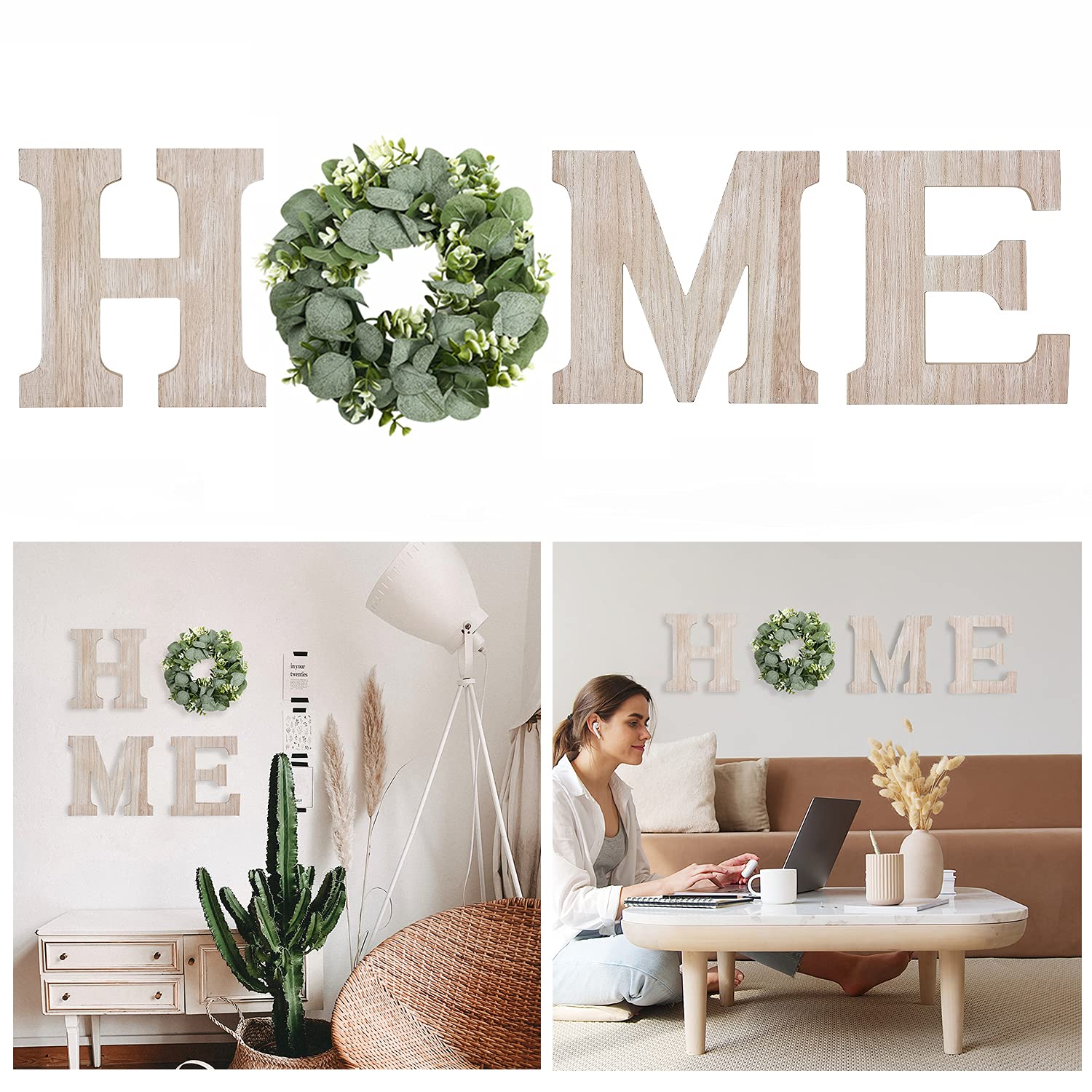 Wooden Home Sign Wall Hanging Decor Wood Home Letters for Wall Art with Artificial Eucalyptus Wreath Rustic Home Decor Farmhouse, Wall Decor for Living Room Entryway Housewarming Gift (Natural)