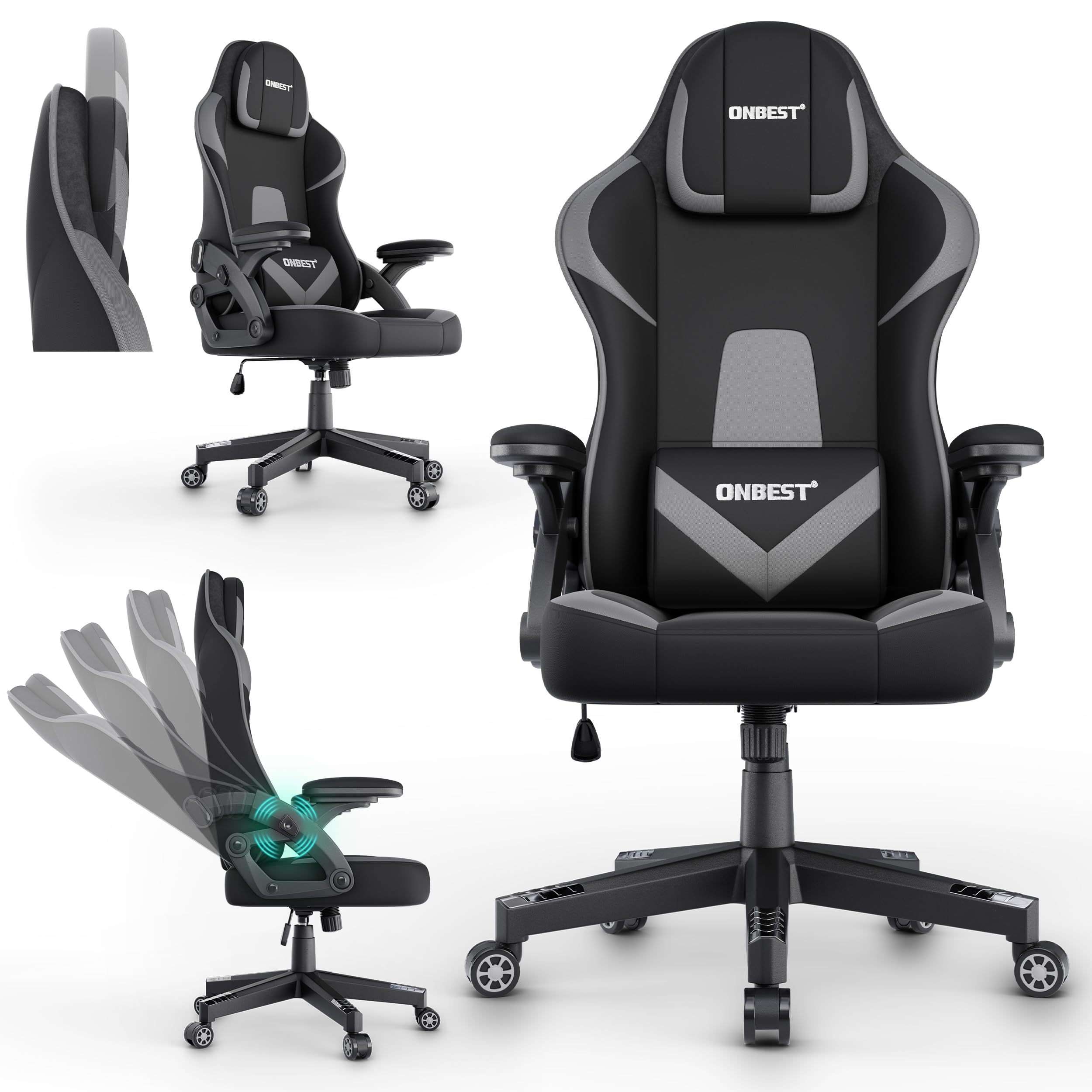 Onbest Premium Gaming Stuhl ergonomisch – verstellbares Nackenkissen – Lordosen Kissen – 360° Universal-Rollen – 150 kg Belastbarkeit – Stoffbezug – Armlehnen gepolstert – Gamingsessel (Grau)