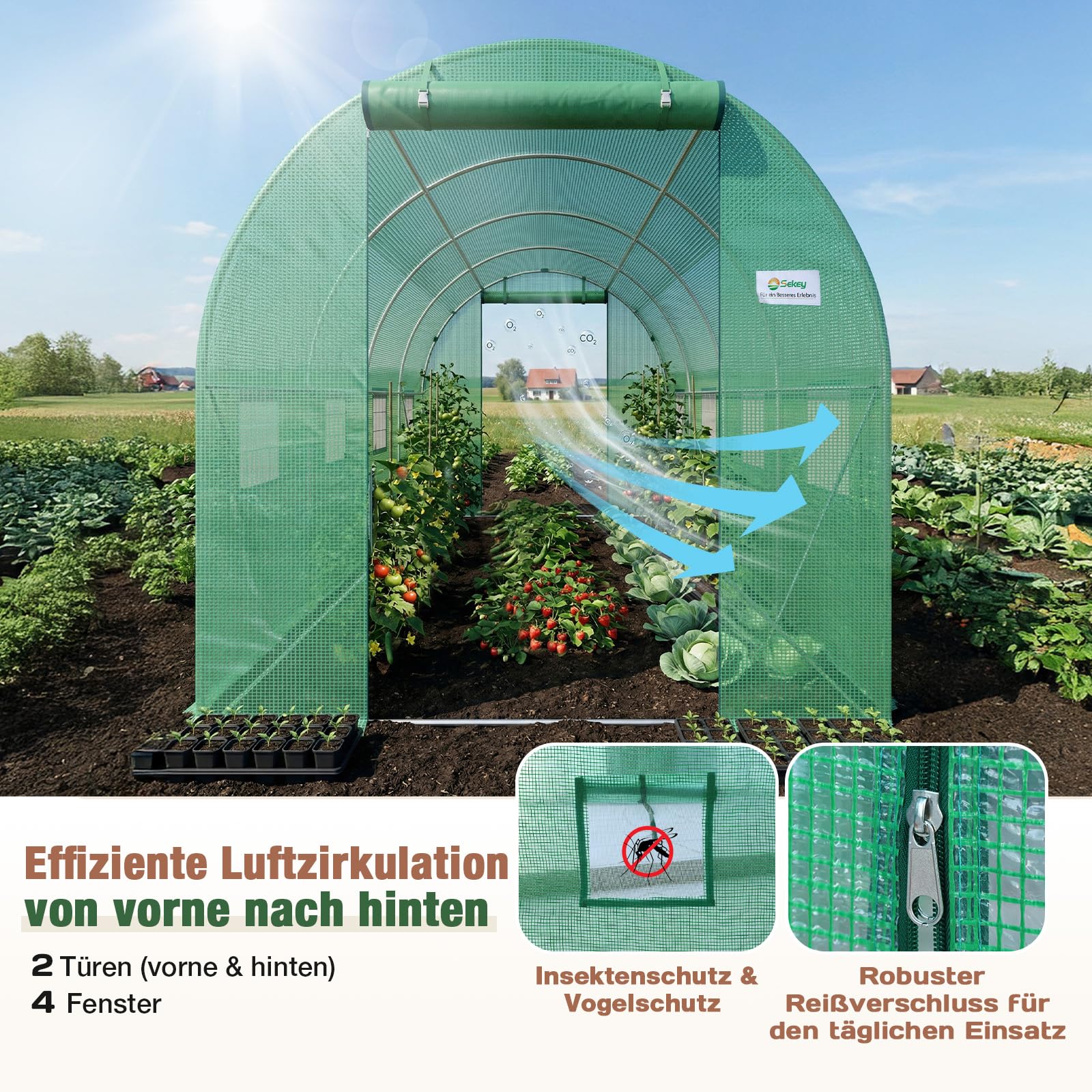 Sekey Ersatzfolie 3x2x2m für Folientunnel – 140g/m² PE Gitterfolie mit 4 Fenstern & 2 Türen – UV-beständig & Reißfest – Ersatzabdeckung für Treibhaus & Tomatenhaus (Grün, Ohne Gestell)