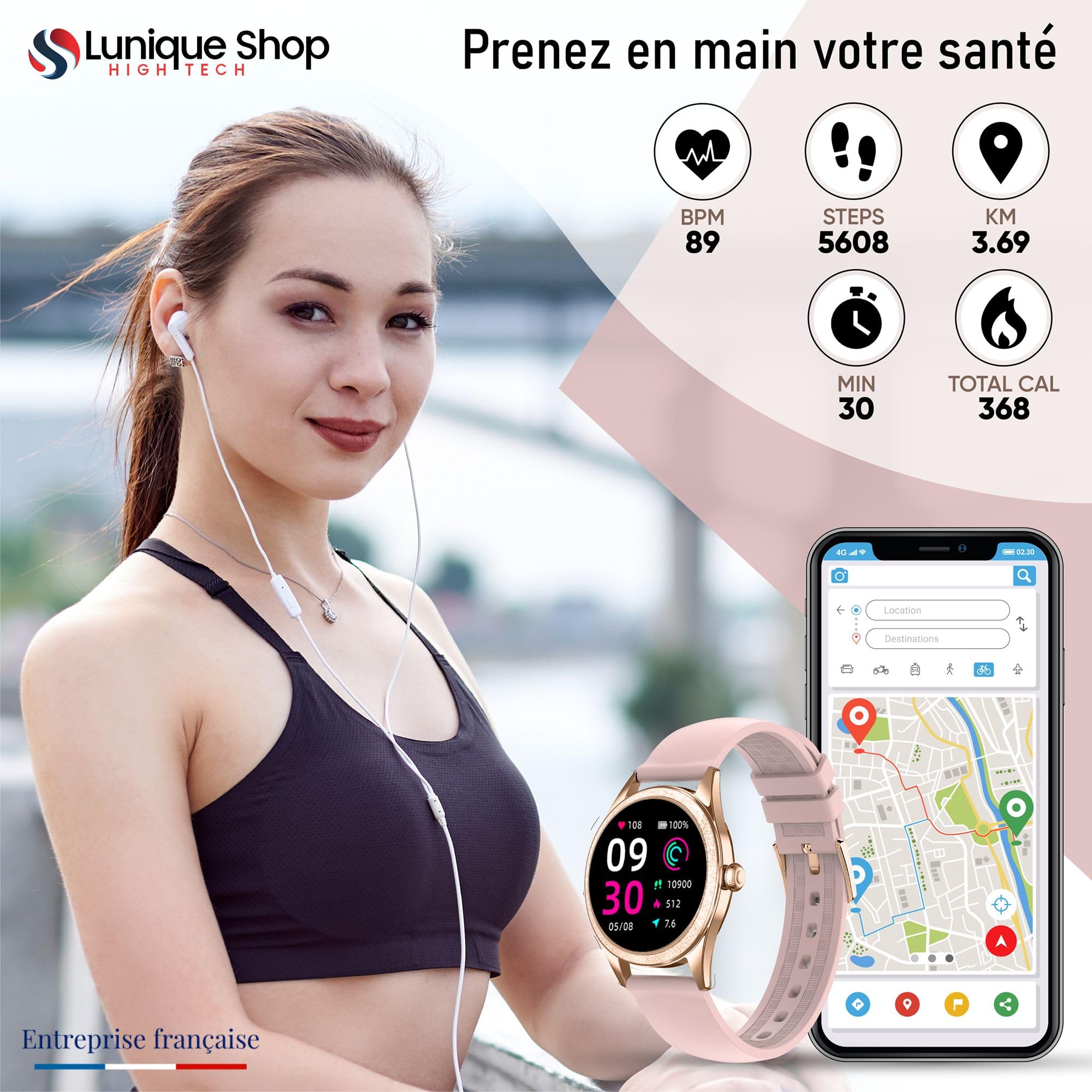 Montre Connectée Femme LSLUXE Brillante | Montre Tension Arterielle | Smartwatch | Montre Podometre Femme | Fitness| Cardiofréquencemètre | Montre Intelligente iOS Android |Rose