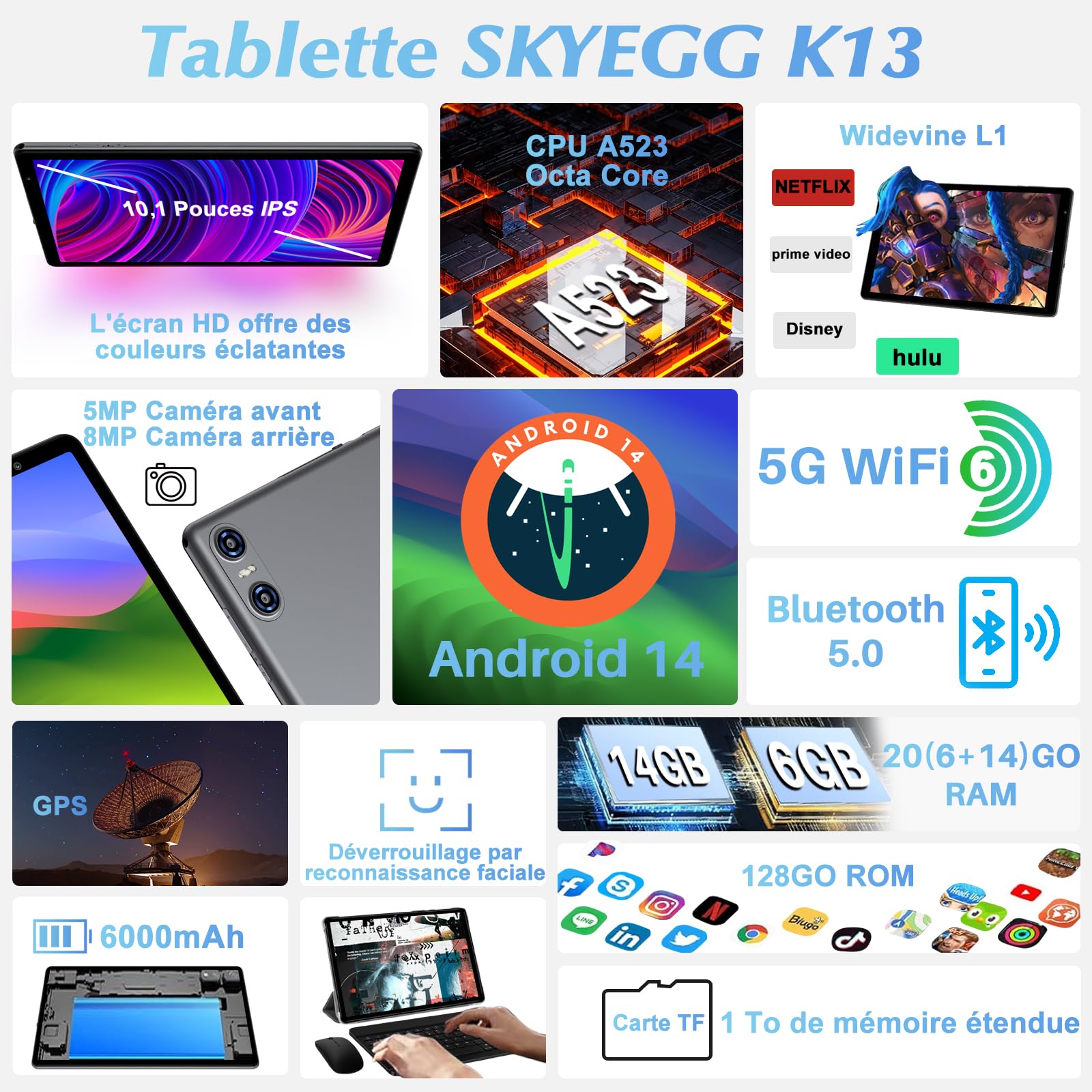Tablet 10 Pollici Android con 20 GB RAM + 128 GB ROM(Espandibile Fino a 1 TB), Octa-Core, Widevine L1, Wi-Fi 6, Bluetooth 5.0, Fotocamera 8MP + 5MP, Tablet con custodia protettiva, 6000mAh, Grigio