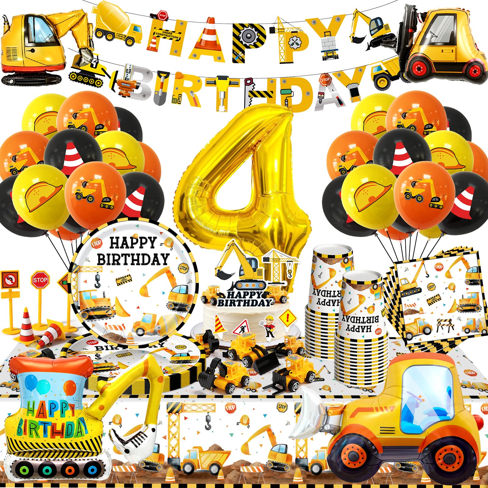 Bagger Deko Kindergeburtstag, Baustelle Partygeschirr mit Luftballons Pappteller Tischdecke Tortendeko für Geburtstag Junge Mädchen 2 3 4 5 Jahre, 16 Gäste