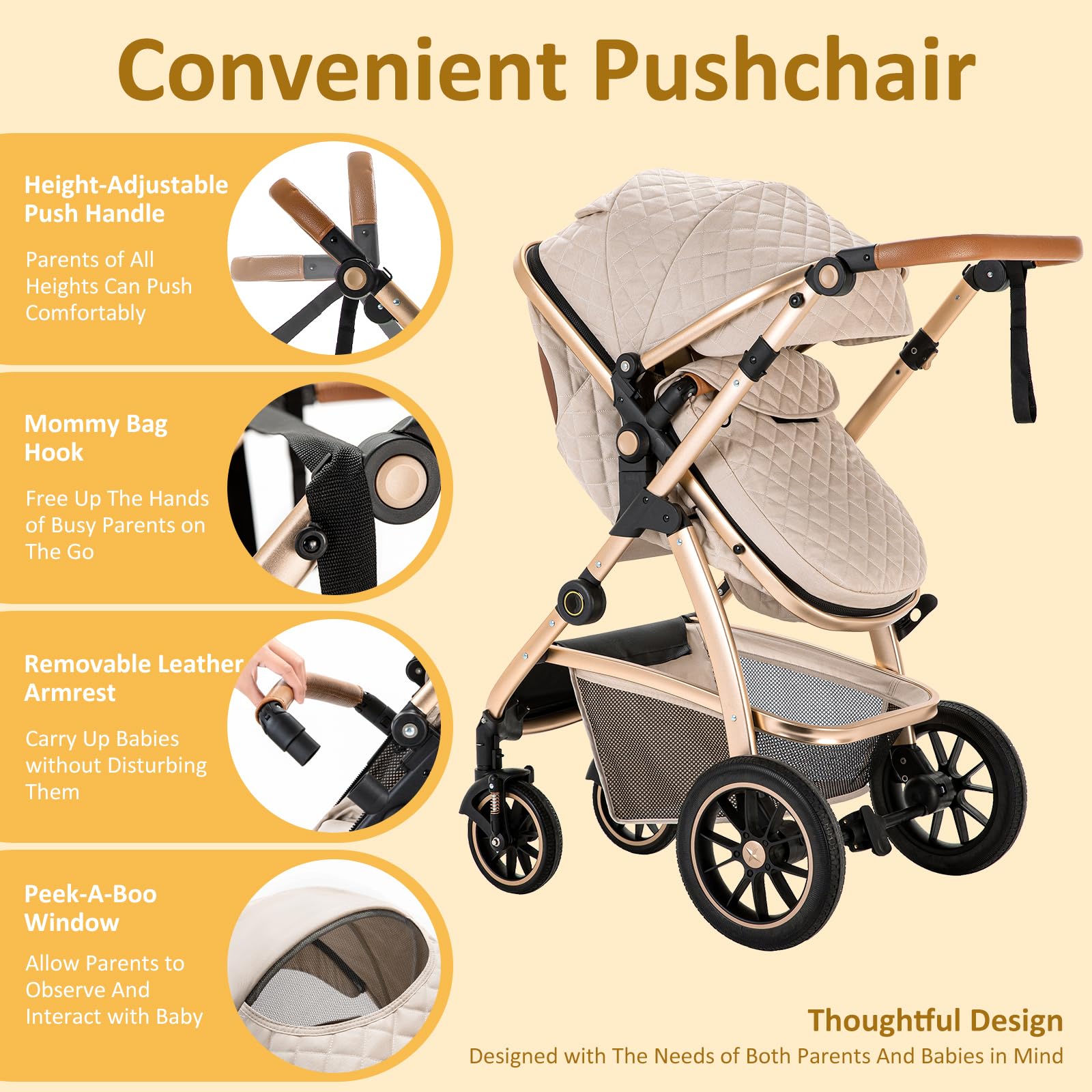 3 en 1 Carrito Bebé, Cochecito Bebe con ECE R129 Asiento de Coche, Cochecito con Mango Ajustable de Altura, Cochecito Carro de Visión alta con Marco de Aluminio (22KG, 0-4 Años)