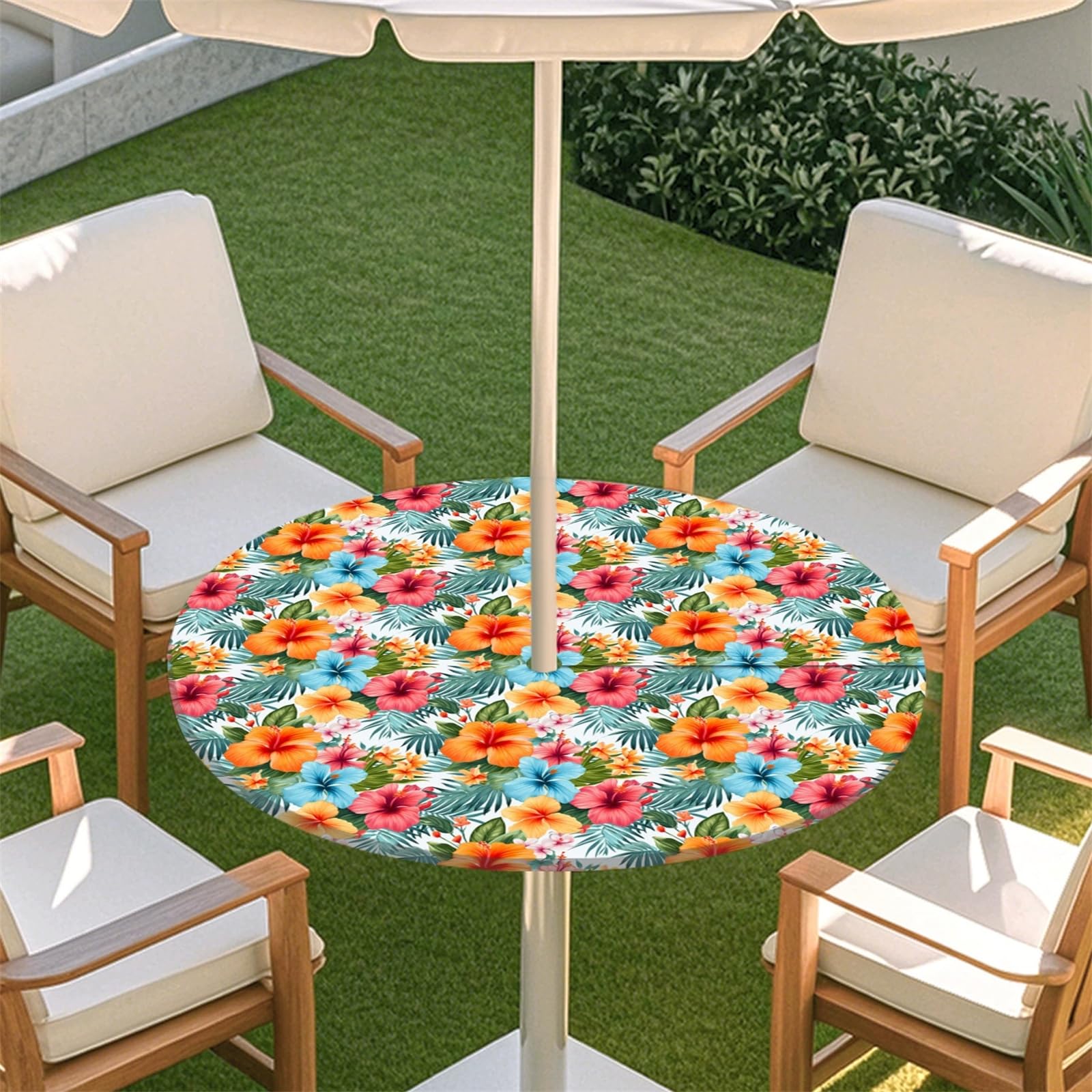 Muiuou Elastic Edge Fitted Round Tablecloth Protector Waterproof Outdoor Circle Tablecloth with Parasol Hole and Zipper, Wipe Clean Table Cover for Garden BBQ Party (Style 16,S(31-35inch))