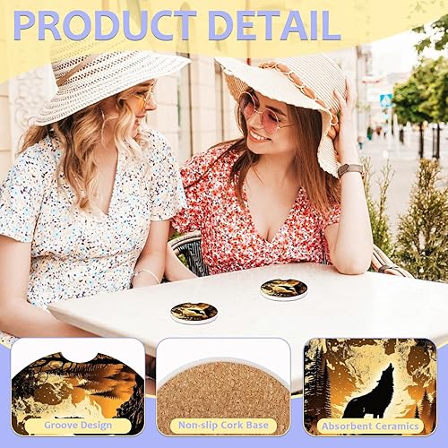 Miniatura 3 de Paquete de 2 posavasos de cerámica absorbente para automóvil, diseño de lobo y luna llena, posavasos de automóvil para portavasos de automóvil,