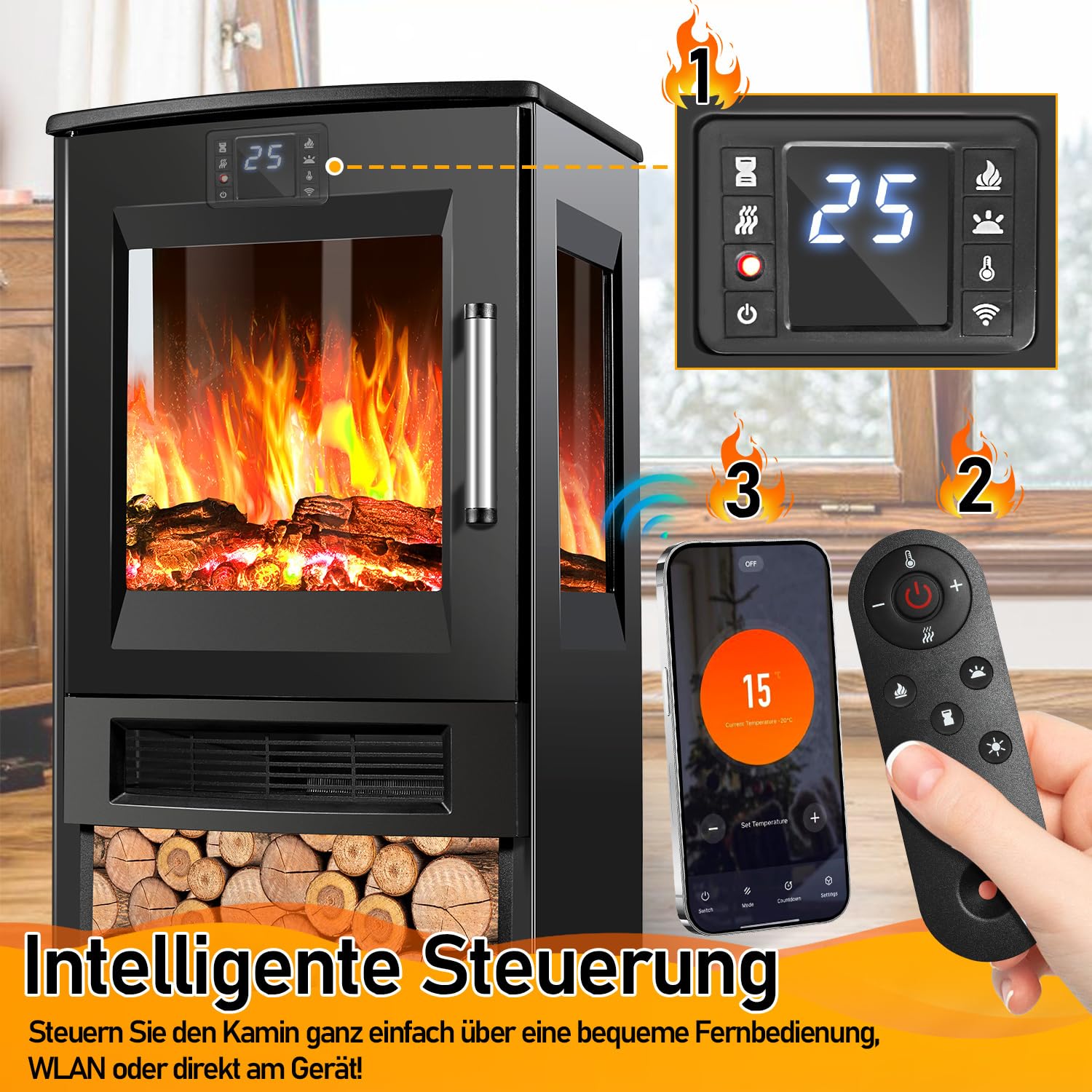 Electric Fireplace,elektrischer Kamin 950/1900 W, Fireplace Electric LED Flame Effect,Elektrokamin mit Heizung with Thermostat,Viewing Window Heating Function Timer