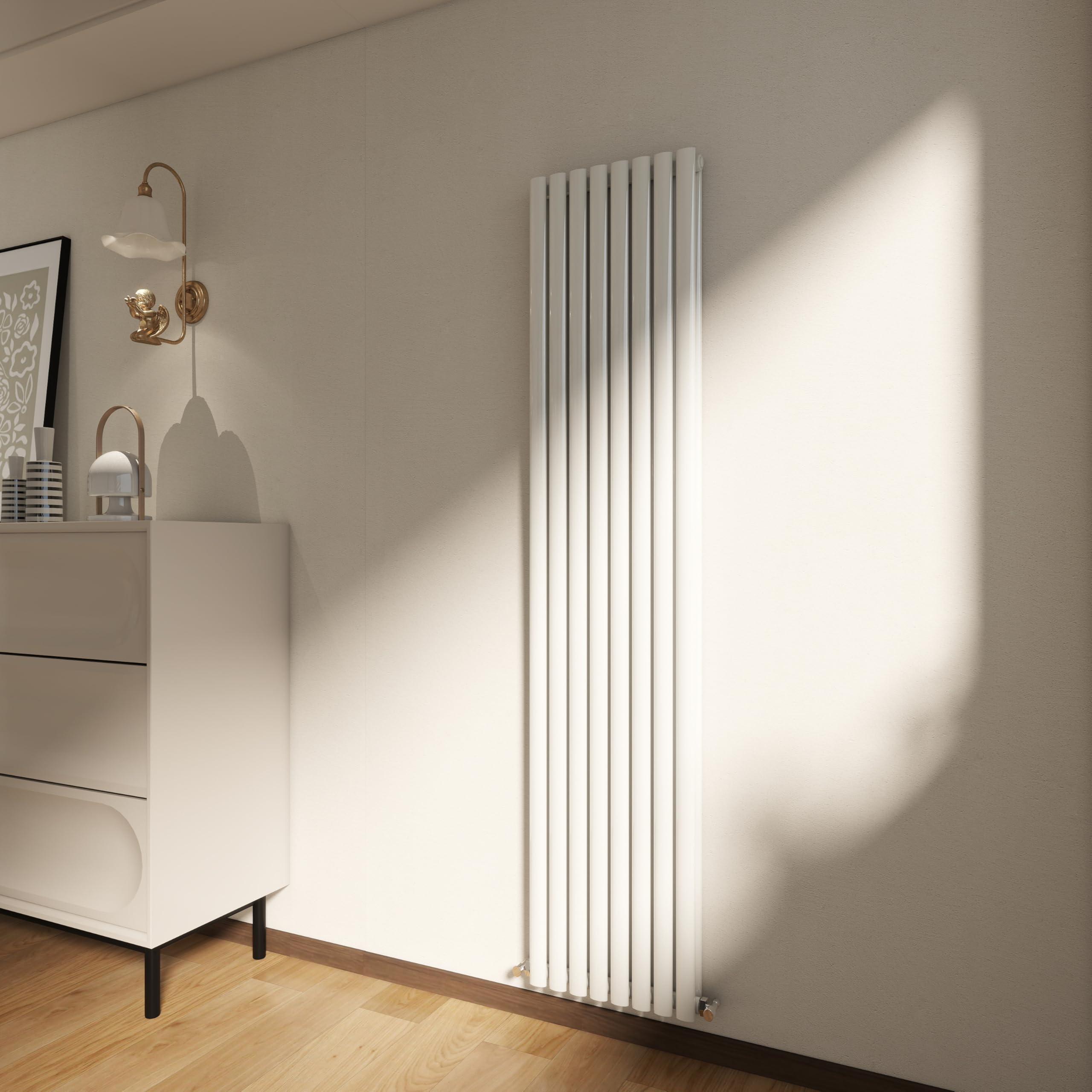 Vertical Designer Column Radiator, 1800x472mm Vertical Radiator White Oval Column, Double Panel Tall Upright Heater for Bathroom/Living Room, Central Heating Heater Rads, Radiators Wall Mounted