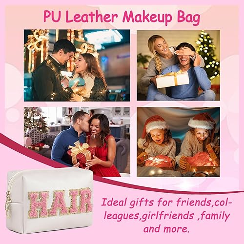 Miniatura 6 de Bolsa de maquillaje de piel sintética con cremallera, bonitos parches de letras de chenilla, bolsa de aseo de viaje rosa para mujeres y niñas,