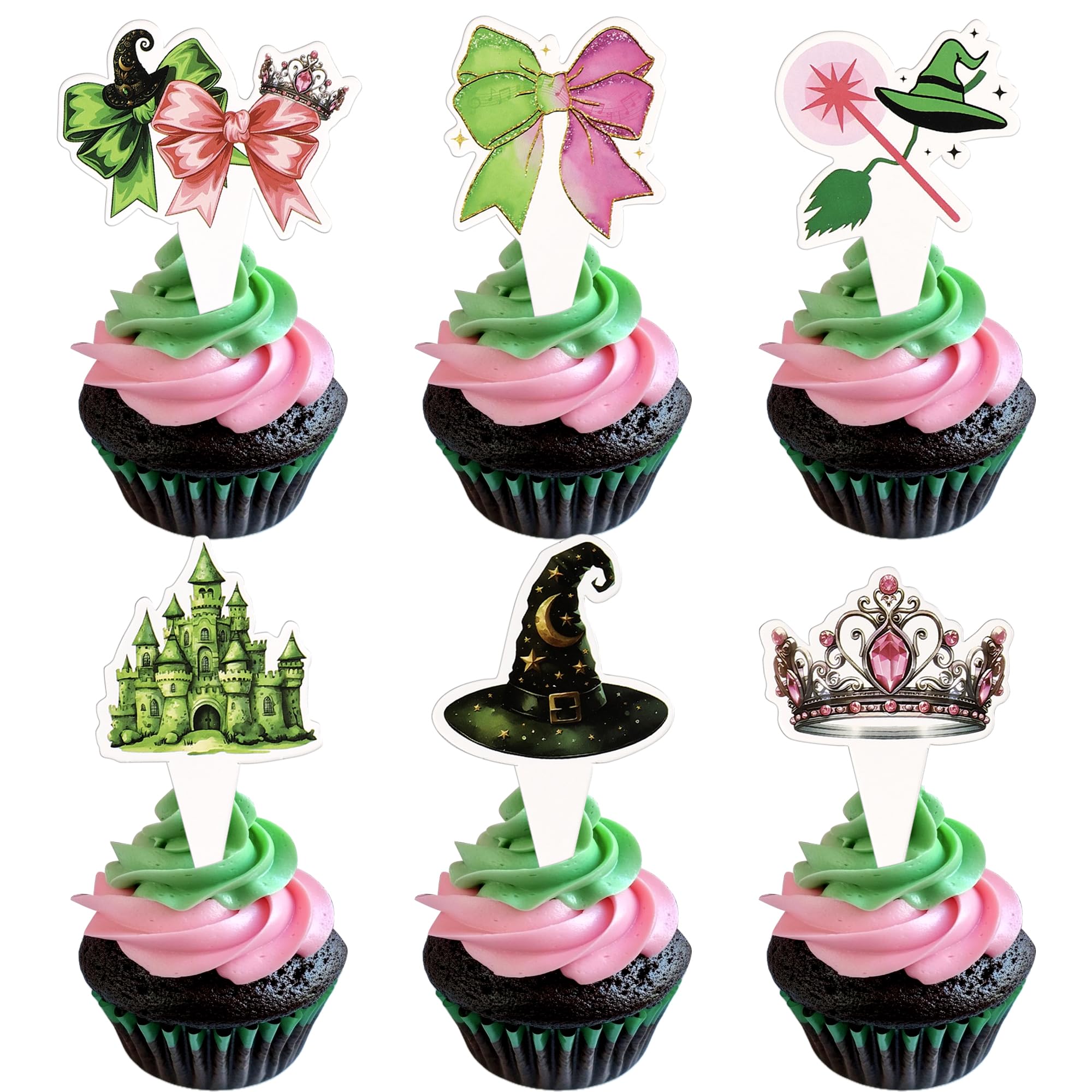24 Pack Witch Cupcake Topper Pink and Green Bows Birthday Cupcake Picks Bow Crown Broom Swirl Hanging Ceiling Cupcake Decoration for Witch Theme Kids Boys Girls Party Supplies