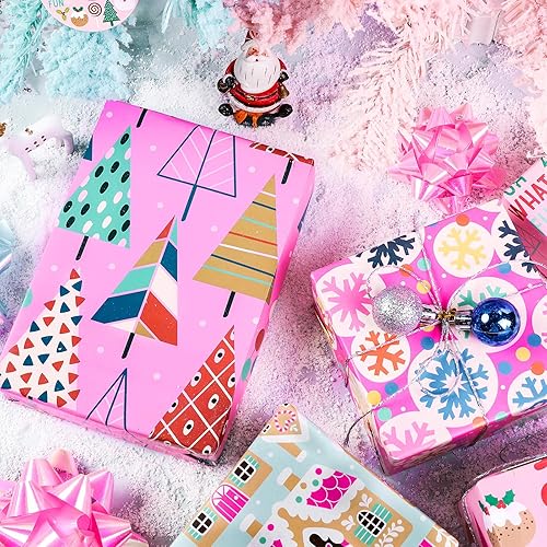 Miniatura 7 de WRAPAHOLIC Hoja de papel de regalo de Navidad, 12 hojas de diseño de árbol de Navidad rosa y casa, plegada plana con 12 etiquetas de regalo para