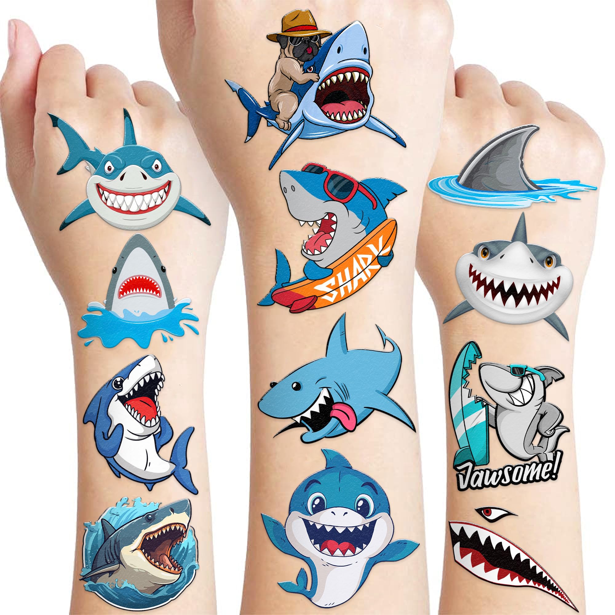 96 PCS Shark Pre-Cut Temporary Tattoos Sticker Sea Animal Fish Under The Sea Ocean Birthday Party Decorations Decor Favors Supplies Gifts Boys Girls Cute Fake Tattoo School Reward Themed (Normal)