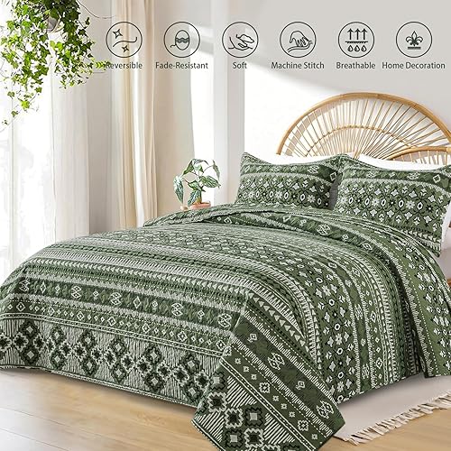 Miniatura 2 de Juego de ropa de cama bohemio tamaño Queen, edredón bohemio verde, colcha ligera tamaño Queen con estampado de rayas geométricas (90 x 98 pulgadas),