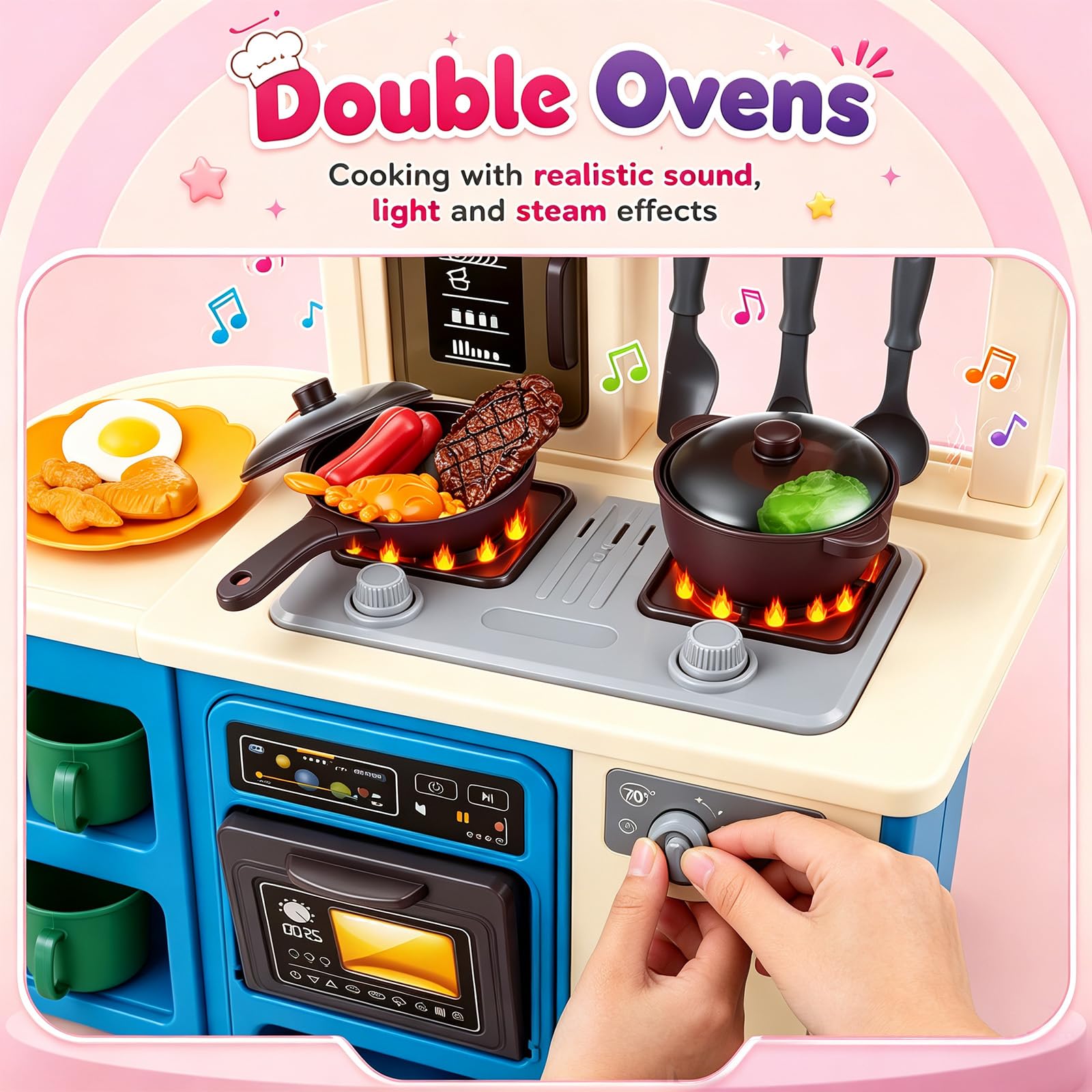 Cuisine Enfant avec 50 Accessoires, Cuisine Jouet avec Lumière, Son & Vapeur, Cuisine Enfant avec Plaque de Cuisson, Évier & Fonction Eau, Cuisine Poupée, Cuisine Jouet pour Enfants dès 3 Ans, Bleu