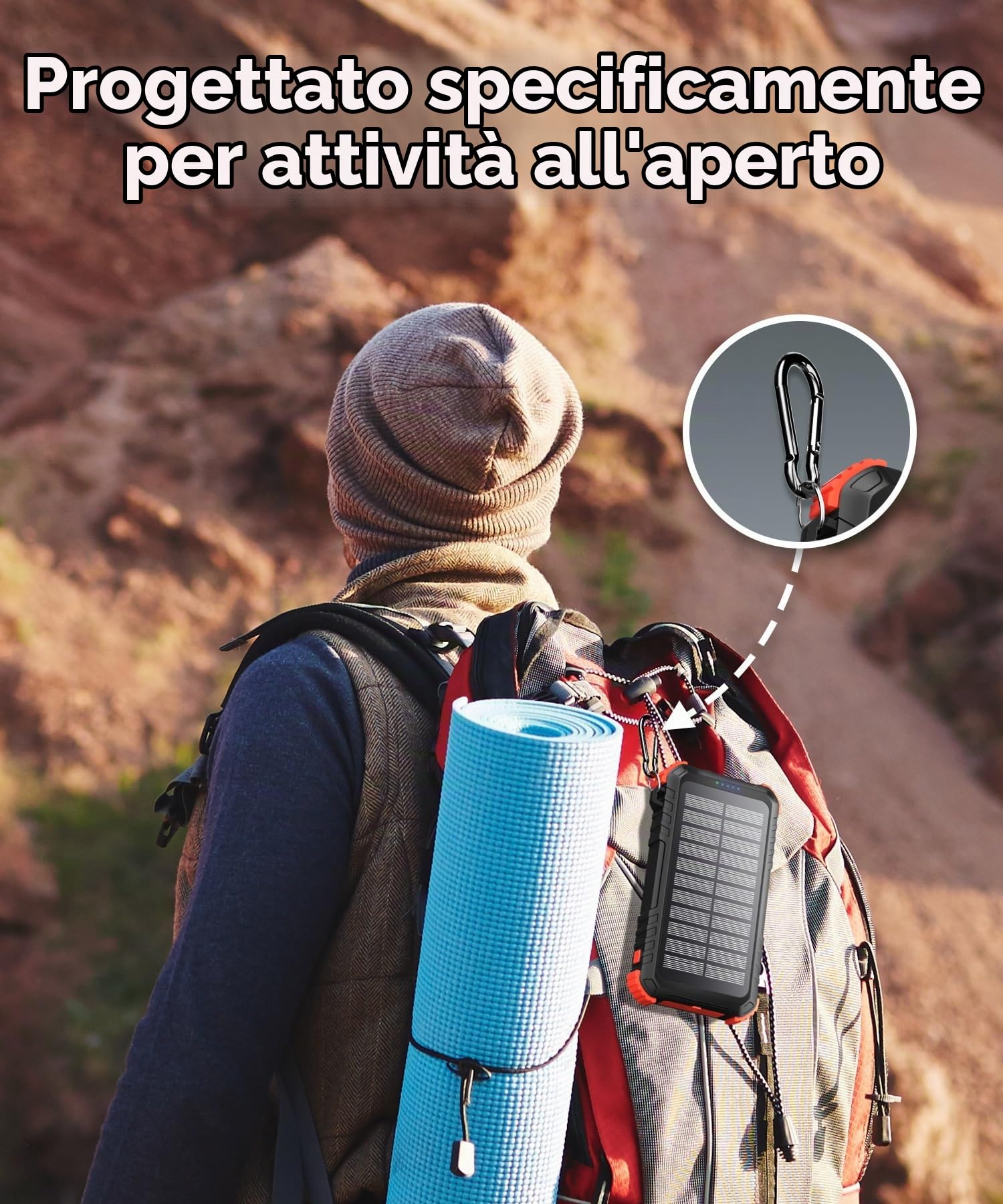 Power Bank Solare da 26800 mAh, Power Bank USB C PD15W con 3 cavi, 5 Uscite 3 Ingressi, Caricabatterie Solare Impermeabile con Due Torce e Moschettone per il Campeggio