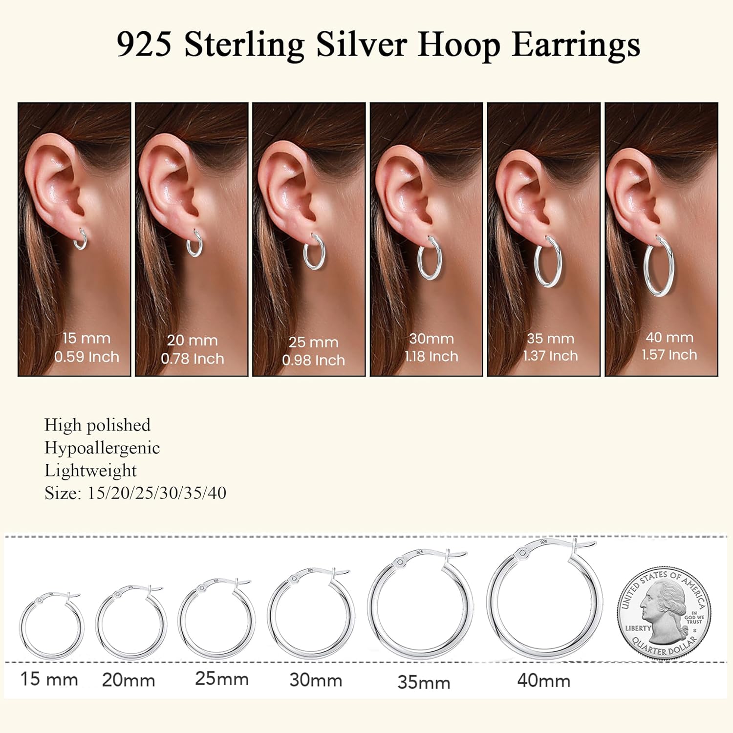 Charmsy 925 Sterling Silver Hoop Earrings | Lightweight Italian 2.5mm Tube Diamond-Cut Round Classic Hoops Earring for Women | Size 15/20/25/30/35/40/50/60/70mm | Small Medium Large - Image 3