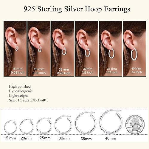 Miniatura 3 de Charmsy - Aretes de aro de plata de ley 925, ligeros, italianos de 0.098 in, corte de diamante, redondos, clásicos, para mujer