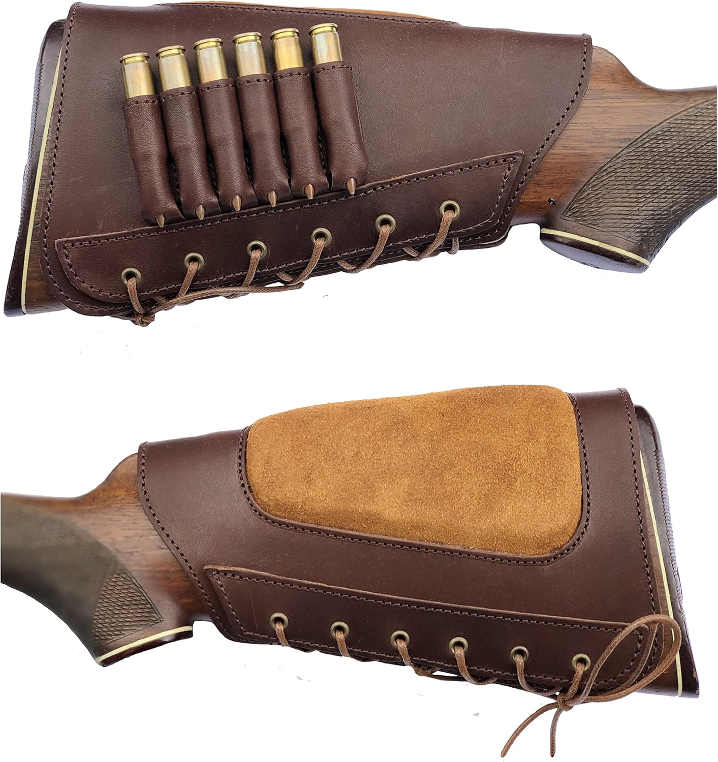 Real Leather Buttstock Rifle Cartridges Ammo Holder Carrier Cover Suede Padded Cheek Rest - 6 Rounds