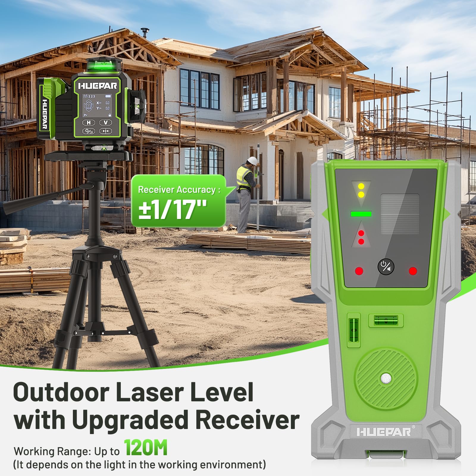 Huepar Niveau Laser Chantier Autonivelant 360°x4 avec récepteur, Laser Niveaux rotatif 4D 16 Lignes Laser,Mode Pulsé Extérieur ou longue distance pour construction W04 8RG,Cadeau pour Papa