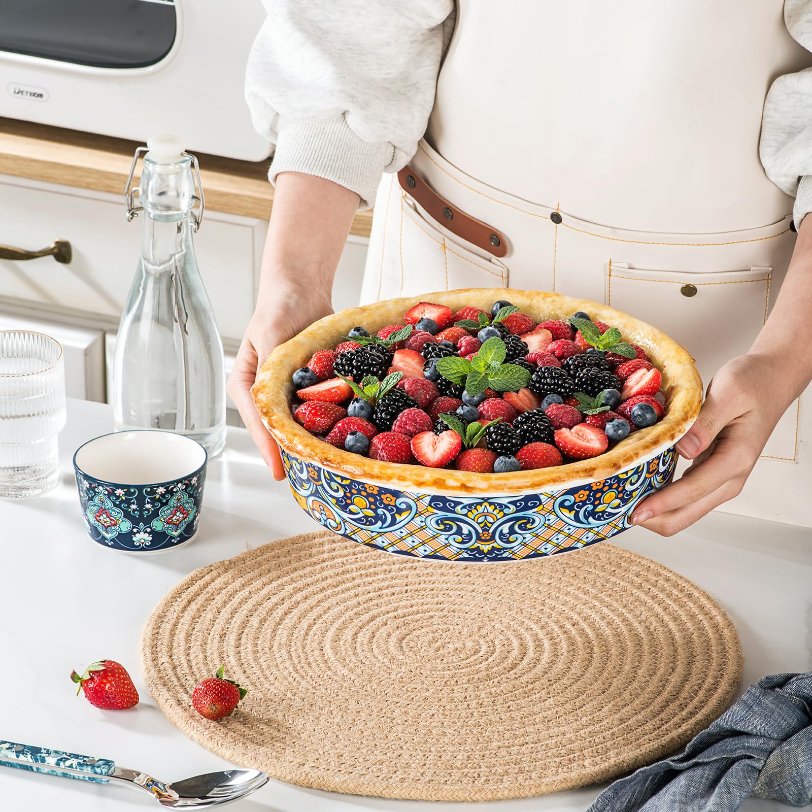 HENXFEN LEAD Moldes de porcelana para hornear, molde redondo de 1850 ml, para tartas de manzana, pastel de frutas, juego de moldes coloridos con 1 pieza, estilo bohemio