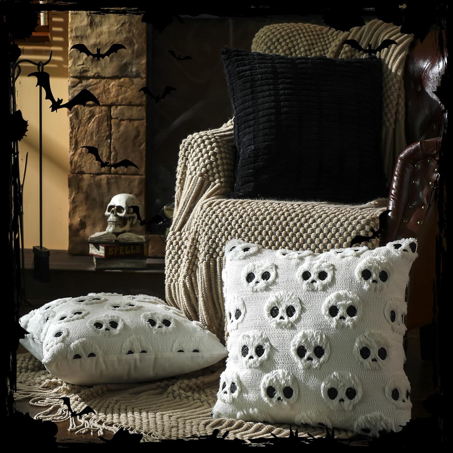 Set of 4 Black White Pillow Covers 18x18 Inch Skull Soft Plush Decorations Spooky Skeleton Gothic Throw Pillow Couch Cushion Covers for Bed Halloween Home Sofa Couch Living Room