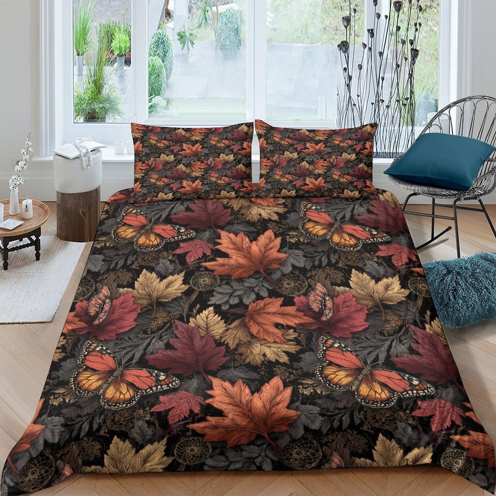 Ctjqhvkz Style-7 3D Printed Autumn Maple Leaves Fitted Sheet Microfiber Soft Dark Forest Bed Cover For Bedroom Guestroom Mattress Decor Single（135X200cm）