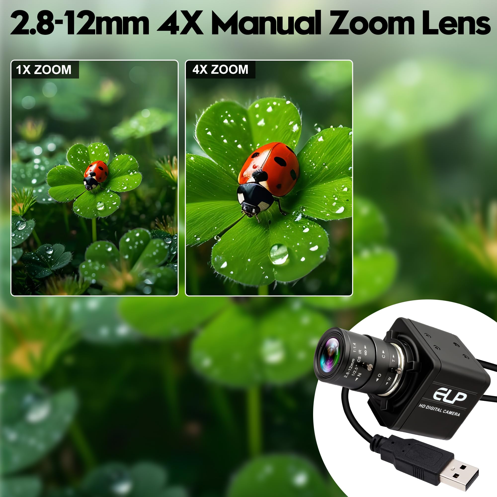 ELP Cámara USB HD de 16 MP, 2,8 – 12 mm, zoom óptico manual de 4 aumentos, lente de montaje CS, alta resolución para Lightburn OpenCV Live Streaming y microscopio USB Plug & Play para Windows, Linux y