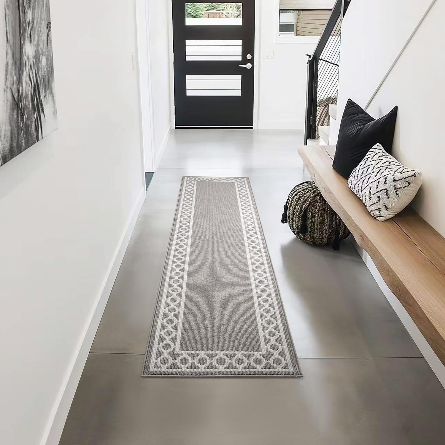 Creative Home Ideas – Tufted Runner - Christine Trellis Border Rug - Modern Home Décor - Washable Rug - Accent Carpet for Entryway & Hallway - Measures 26" x 96" - Light Grey and White Light Grey and White 2'2" x 8' (Rectangular) Christine Trellis