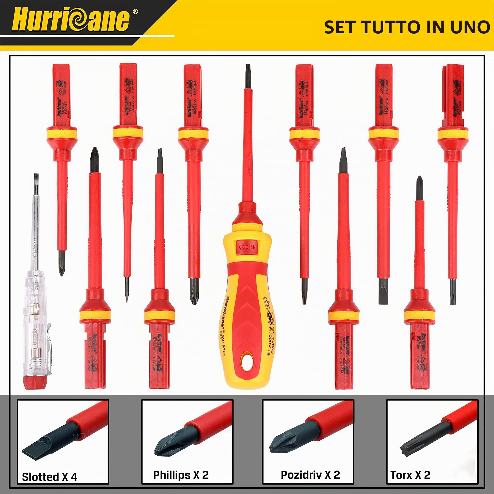 HURRICANE Set di cacciaviti per elettricisti isolati da 1000 V, All-in-One Premium Professional 13 pezzi CR-V magnetico Phillips con intaglio Pozidriv Torx Cacciavite