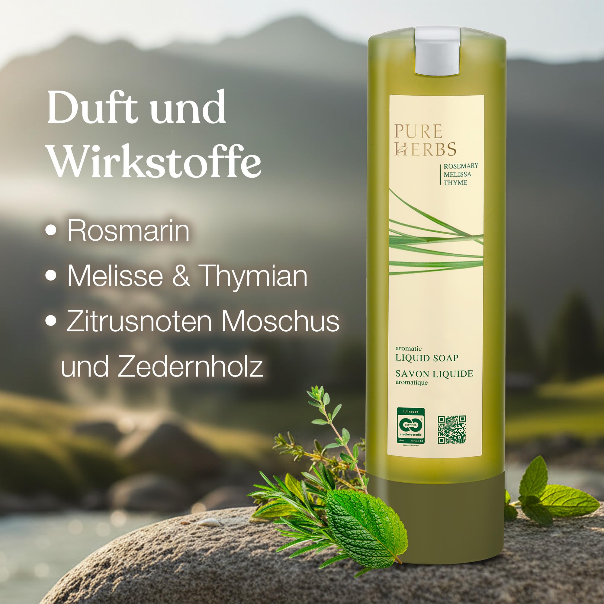 ADA Cosmetics Flüssigseife, vegan mit Melisse, Thymian und Rosmarin, vitalisierend und reinigende Handseife, Nachfüllpack für SMART CARE, alpiner Spa Kräuterduft, Pure Herbs - Made in Germany 6x300mL
