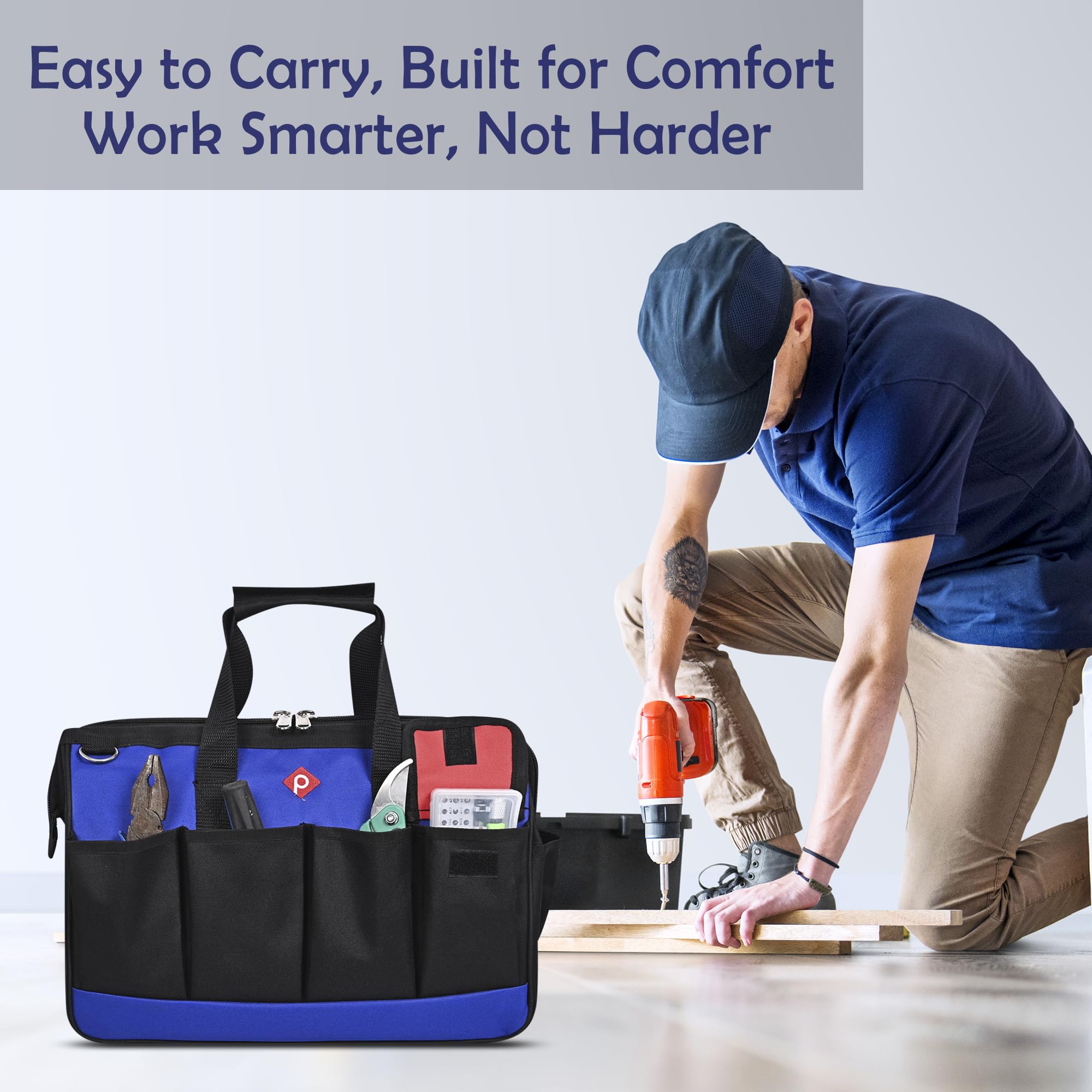PAHAL 16 Inch Tool Bag Wide Mouth, Heavy Duty Waterproof Nylon Tool Organizer for Electrician, Technician, Plumber, AC Mechanic & Carpenter (Blue, Large, Multi-Pocket, Empty) 3