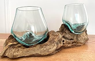 Molten Glass Round Decorative Bowl On Wood Root Stand Glass Rustic Ornament Sculpture Key Sweet Display Dish (Double 27cm)