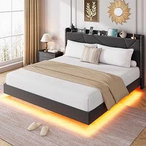 Garvee Full Size Floating Bed Frame with Light and Charging Station, Black