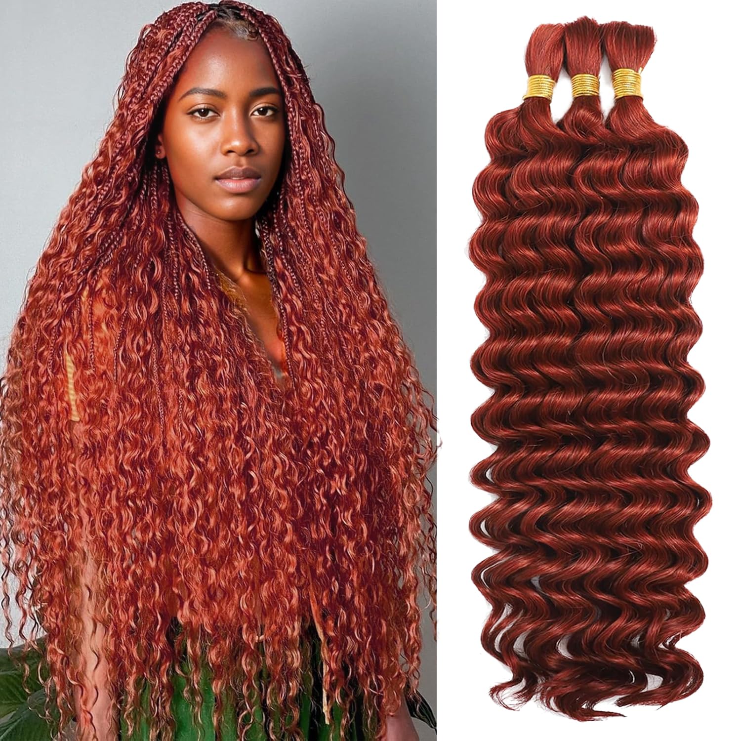 AKONSOUL Deep Wave Bulk Human Braiding Hair 3 Bundles 110g 16 Inch Ginger Braiding Hair for Boho Braids Color 350 No Weft 100% Percent Brazilian Human