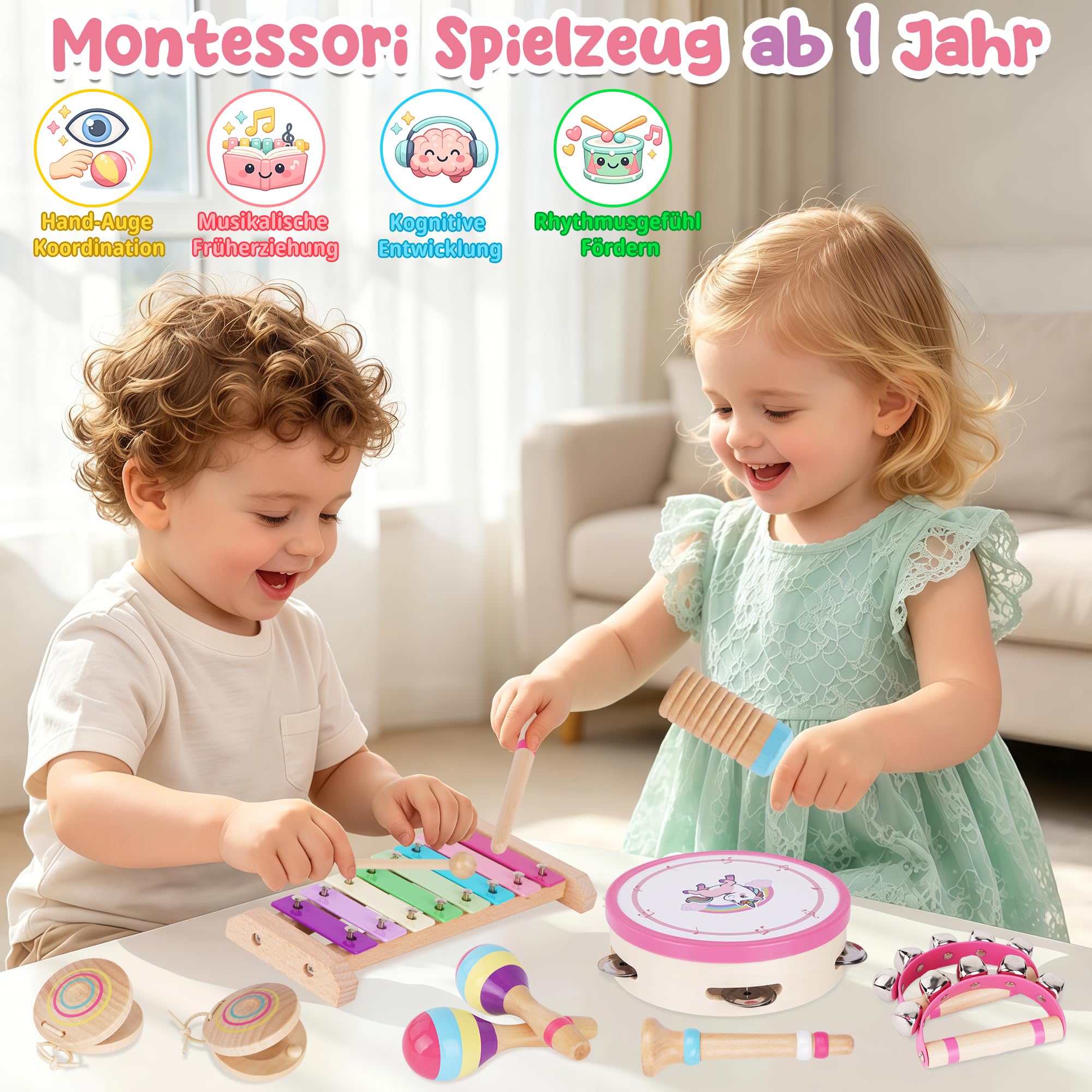 ATOYUS Montessori Musikinstrumente Spielzeug für Babys und Kinder ab 1 Jahr, Holz-Schlaginstrumente für 1-3 Jährige Mädchen mit Xylophon, Trommel, Geschenk zum 1. Geburtstag, zu Weihnachten und Ostern
