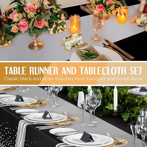 Miniatura 4 de Breling Paquete de 8 manteles de plástico desechables y camino de mesa de satén, color negro y plateado, manteles de 54 x 108 pulgadas, caminos de