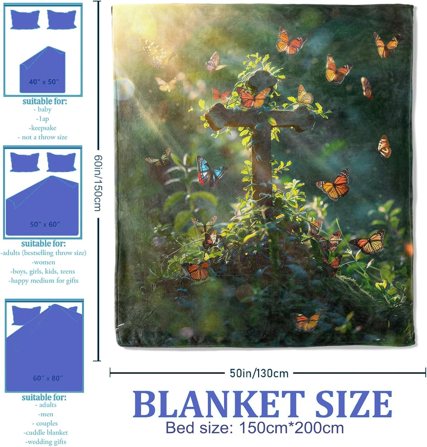 Butterfly Garden Cross Throw Blanket 40"x50", Nature Lover Blankets for Couch Bed Decor, Cozy Flannel Polyester Cross Gifts for Adults Kids