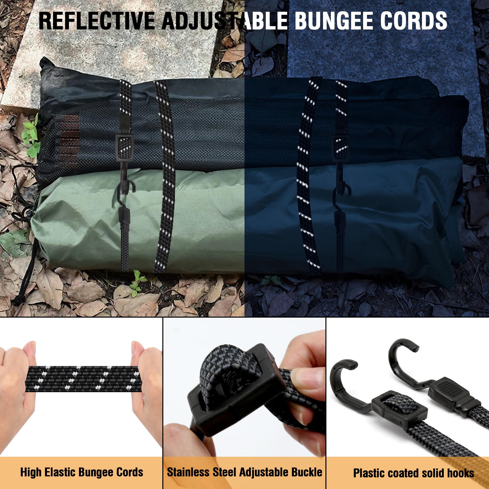 Rugtol Bungee Cords with Hooks Reflective, Flat Adjustable Bungee Cords with Hooks 40 Inch - Image 3