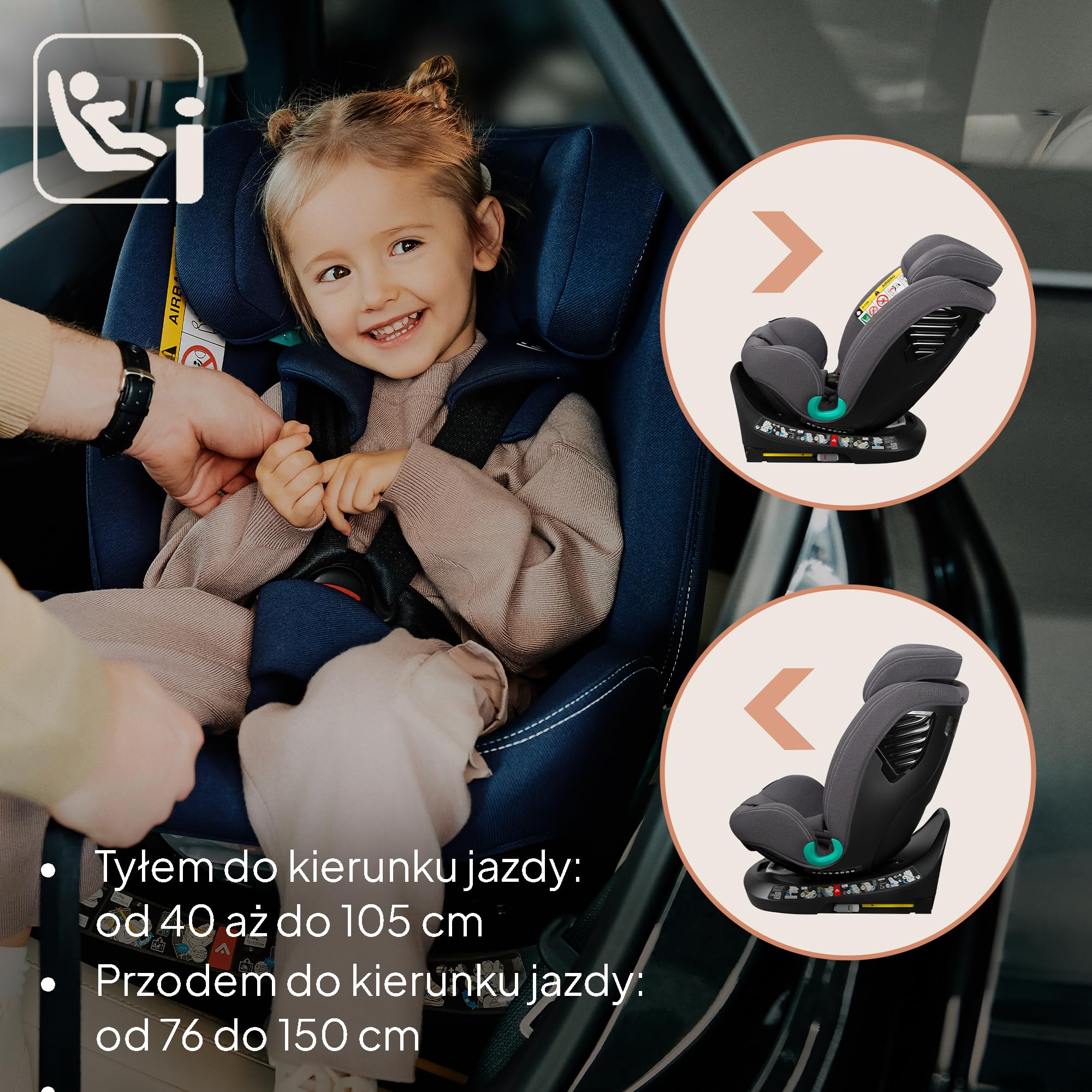 LIONELO Bastiaan i-Size Fotelik Samochodowy Obrotowy 360o dla Dzieci 0-36kg od 40-150 cm, Montaż Przodem i Tyłem, ISOFIX Pas TopTether, Pełna Regulacja Ochrona Boczna