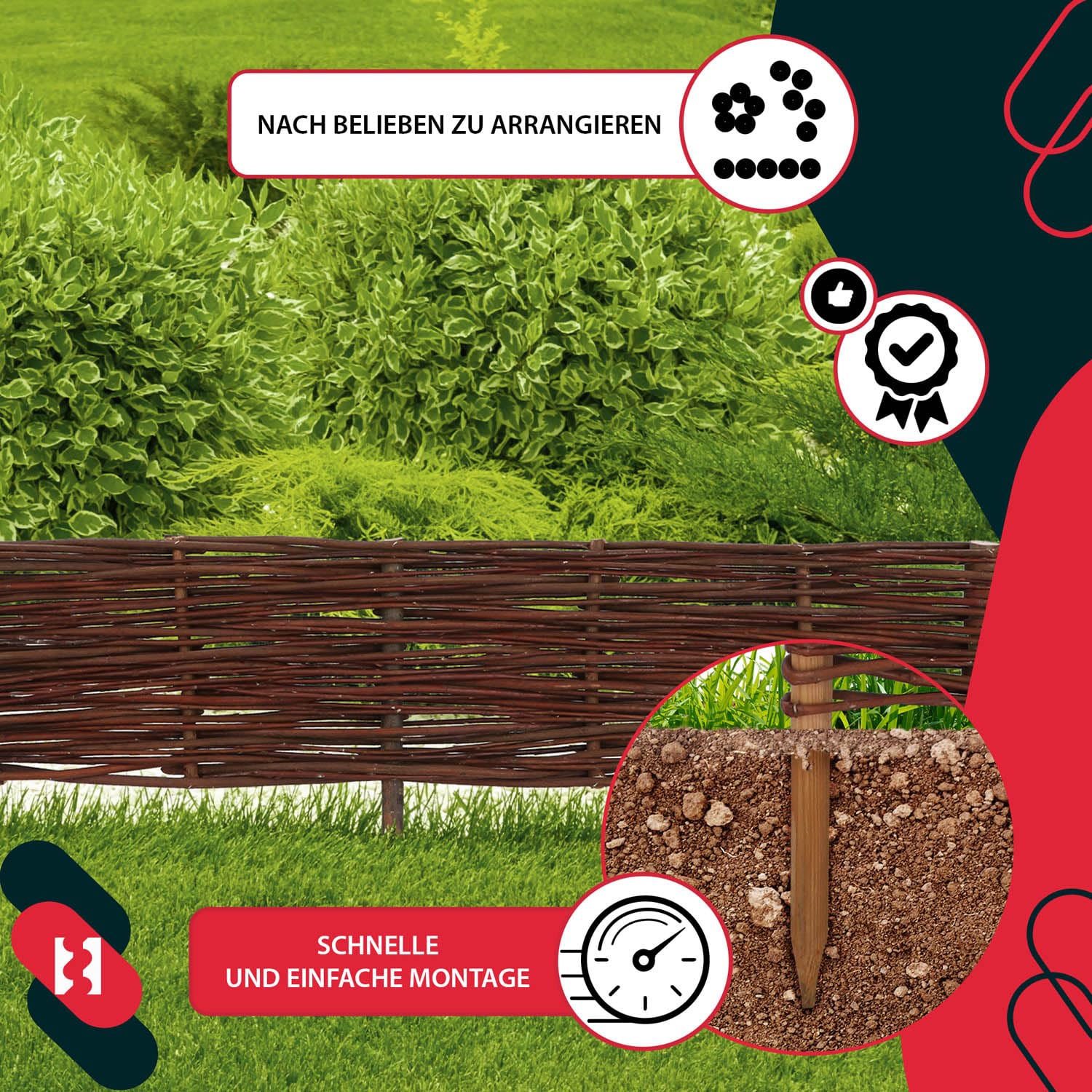 KOTARBAU® 5er Set Beeteinfassung - 100 x 20 cm - Weidezaun - Beetumrandung aus Weide - Beet Zaun - Mini Steckzaun - Abgrenzung für Blumen- & Kräuterbeet - Garten Deko - Weide - Braun