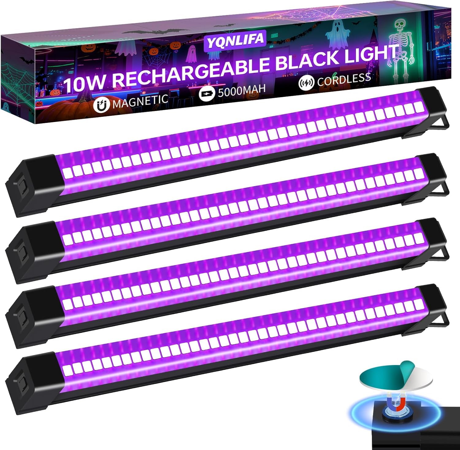 5000mAh Rechargeable Black Light Bar, Battery Powered Black Lights for Glow Party, Cordless Blacklight Strip for Halloween Decorations, Fluorescent Poster, Body Paint, Uranium Glass, 4 Pack
