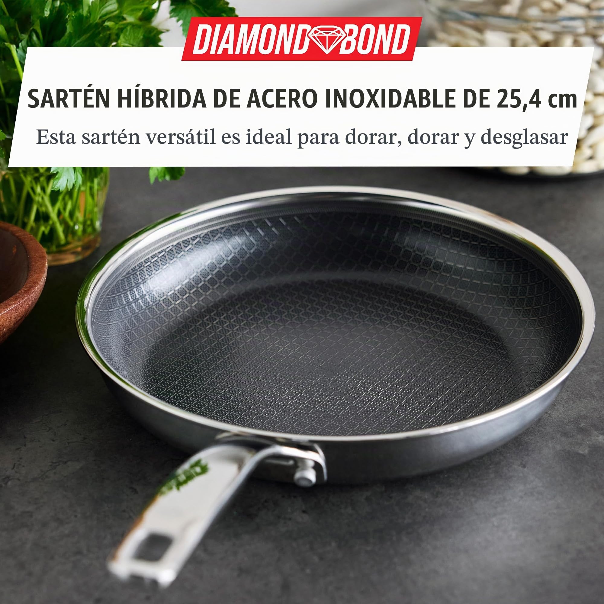 Blue Diamond Sartén híbrida antiadherente de acero inoxidable, 28 cm, sin PFAS, sartén de cerámica Diamond Bond para asar potentes, huevos y tortillas, apto para lavavajillas, mango fresco, inducción