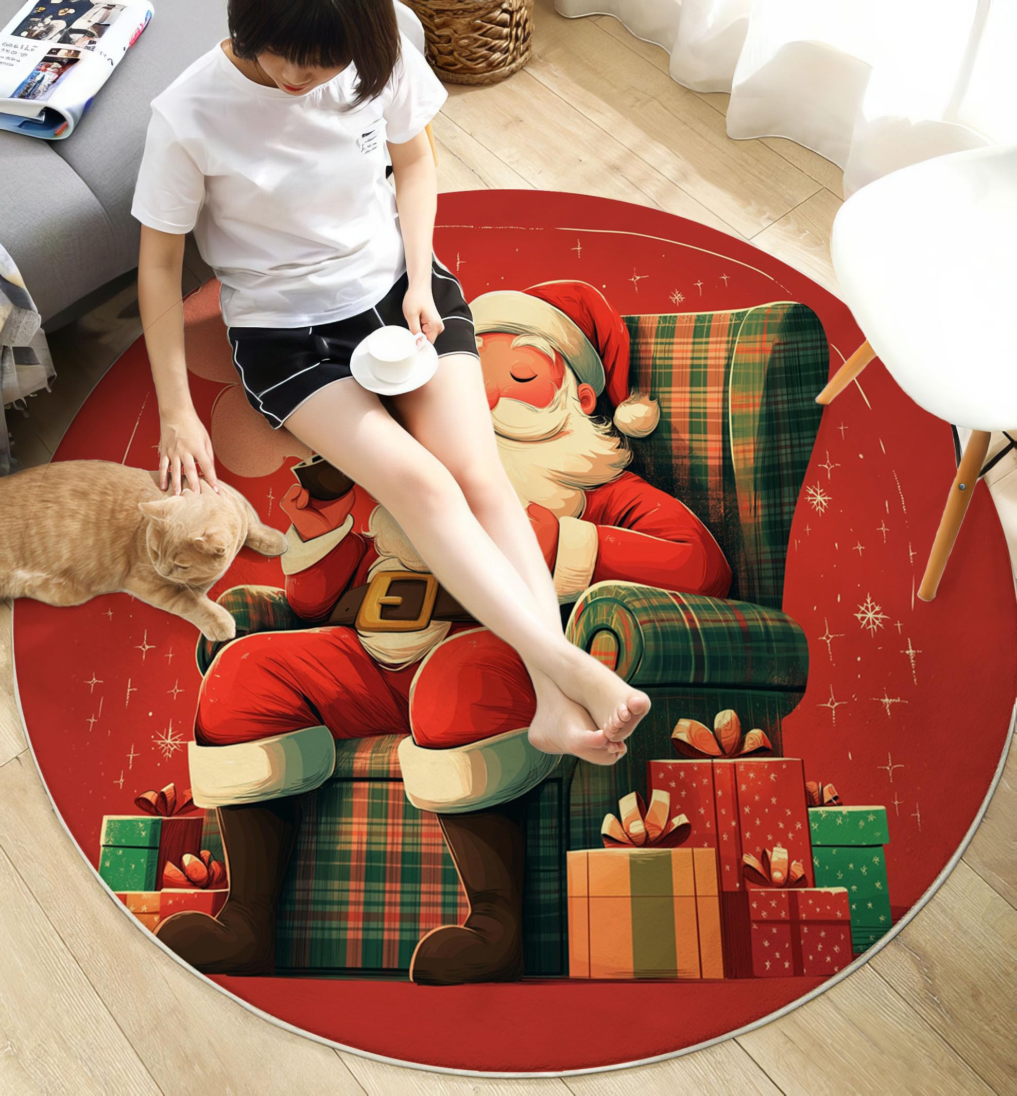 Tapis De Noël Rond, Motif Père Noël Rétro Affiche De Noël Tapis De Salon Rouge Foncé Doux Paillasson Antidérapant pour Salle À Manger Canapé Chambre d'enfant Fête, Diamètre 120 Cm