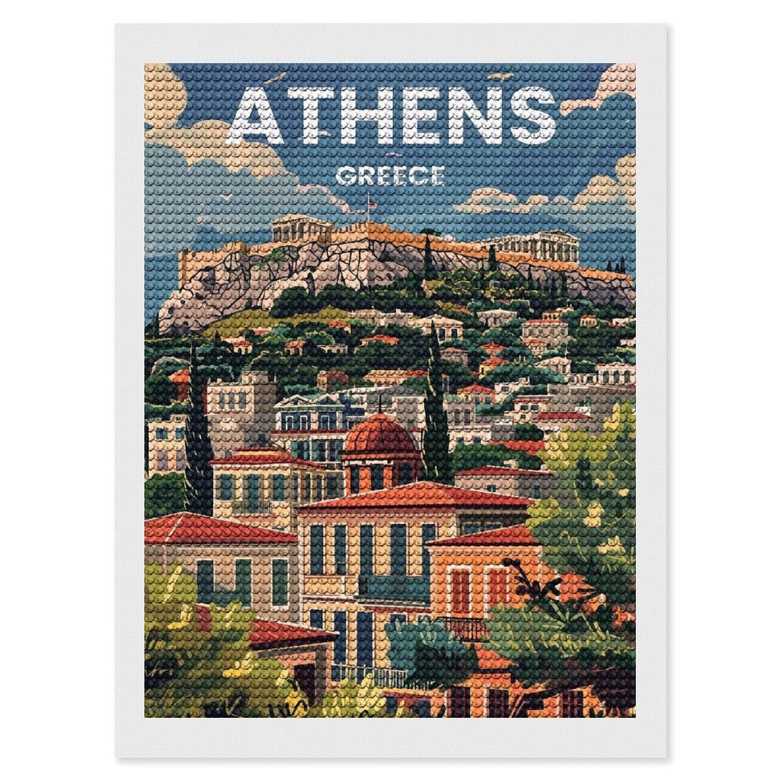 Junmoney Athens(7) Diamond Art Kit 12"x16", Vintage Style Decor, Stress Relief Craft, Decor Project, Relaxing DIY, Creative Hobby