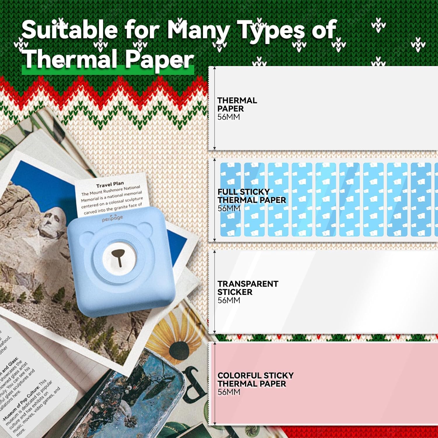 Various types of thermal paper compatible with the PeriPage A6 Mini Printer, including standard, full sticky, transparent sticker, and colorful sticky thermal paper.